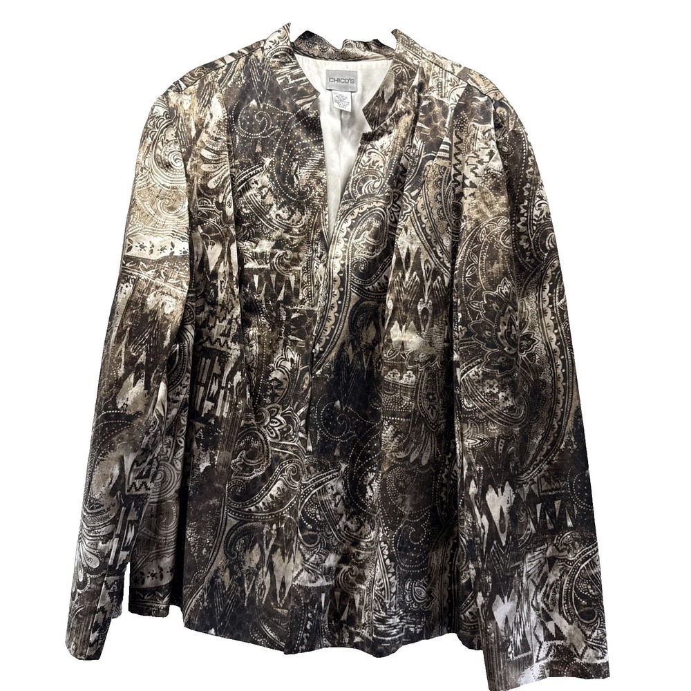 Chicos Women's Silk Blend Jacket Size XL Brown Ivory Artsy Paisley Long Sleeves